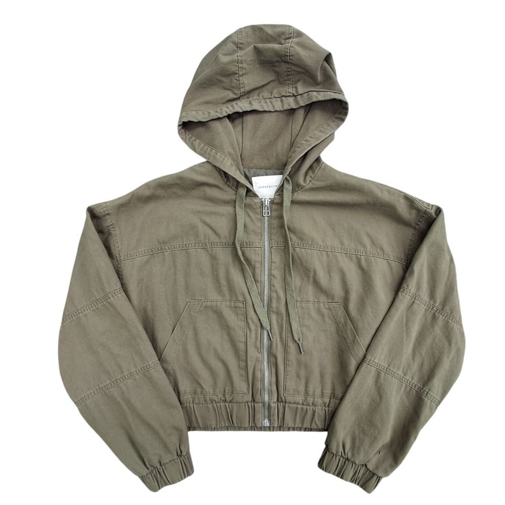 Aeropostale Womens Olive Green Cropped Utility Jacket Hooded Zip Up Medium